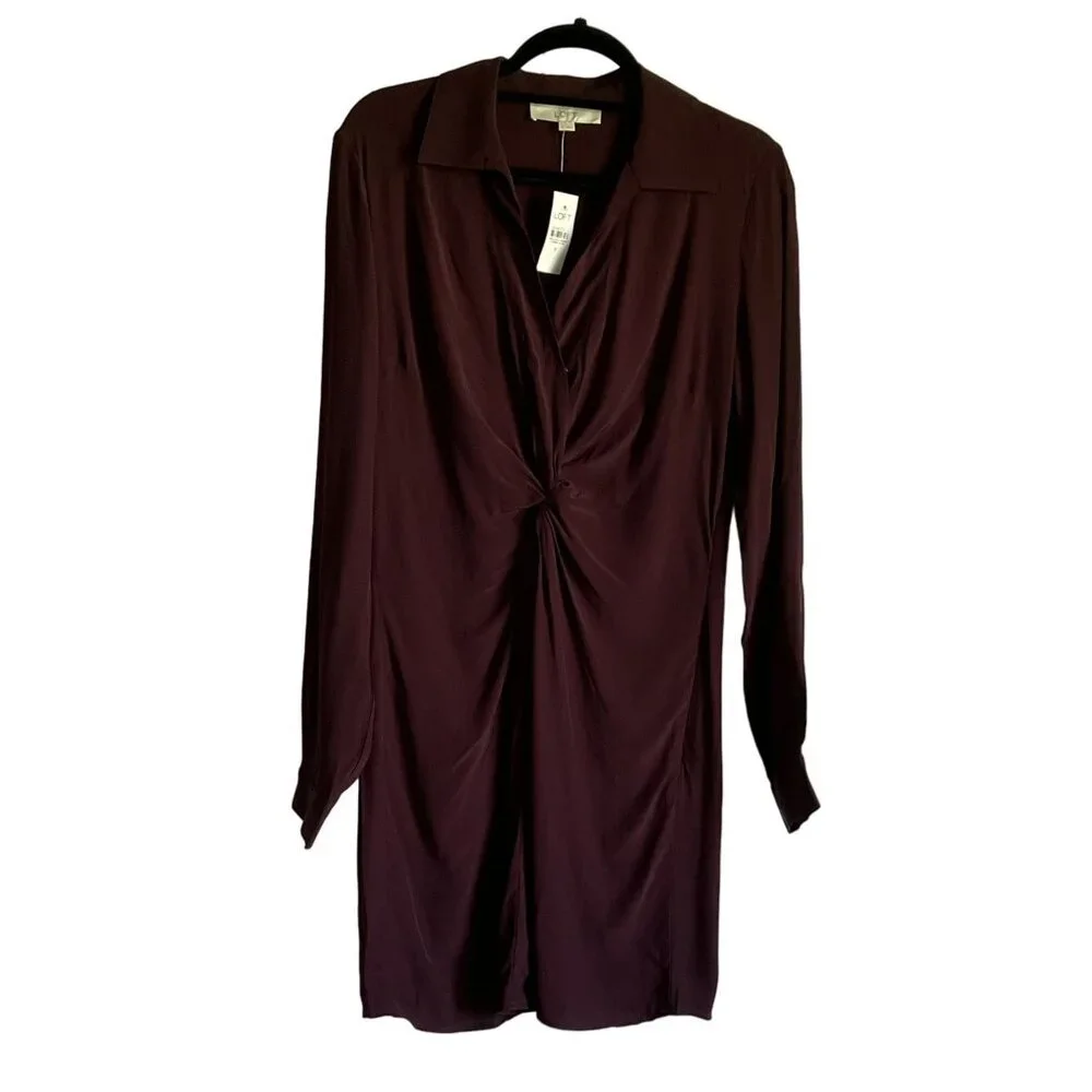 LOFT Womens Long Sleeve Shirt Dress 8 Burgundy Twist Front Detail Professional - Picture 1 of 6